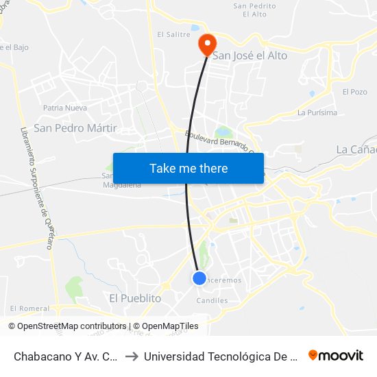 Chabacano Y Av. Candiles to Universidad Tecnológica De Querétaro map