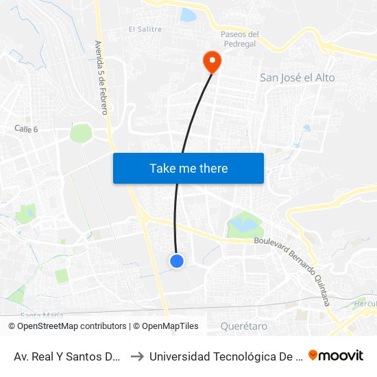 Av. Real Y Santos Degollado to Universidad Tecnológica De Querétaro map