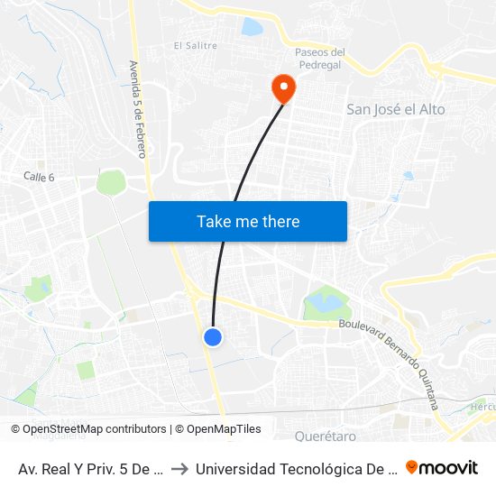 Av. Real Y Priv. 5 De Febrero to Universidad Tecnológica De Querétaro map