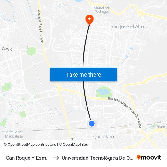 San Roque Y Esmeralda to Universidad Tecnológica De Querétaro map