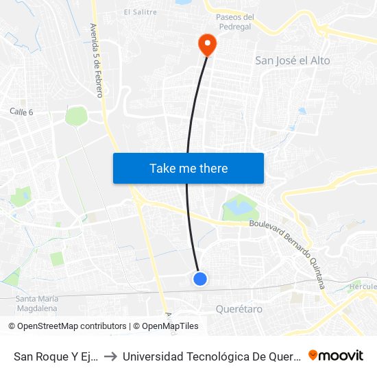 San Roque Y Ejido to Universidad Tecnológica De Querétaro map