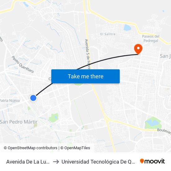 Avenida De La Luz 838 to Universidad Tecnológica De Querétaro map