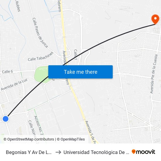 Begonias Y Av De La Fuente to Universidad Tecnológica De Querétaro map