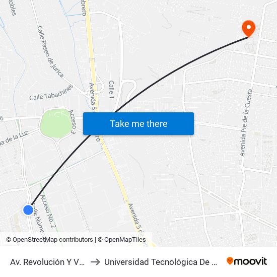 Av. Revolución Y Venecia to Universidad Tecnológica De Querétaro map