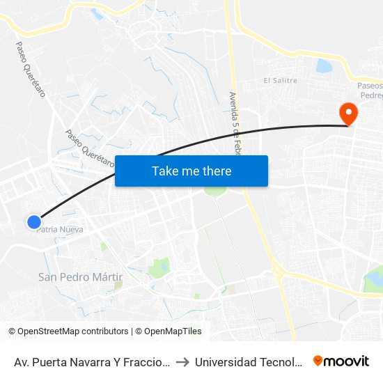 Av. Puerta Navarra Y Fraccionamiento Puerta Navarra to Universidad Tecnológica De Querétaro map