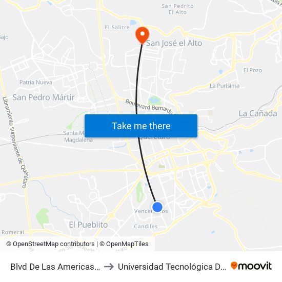 Blvd De Las Americas Y Soriana to Universidad Tecnológica De Querétaro map