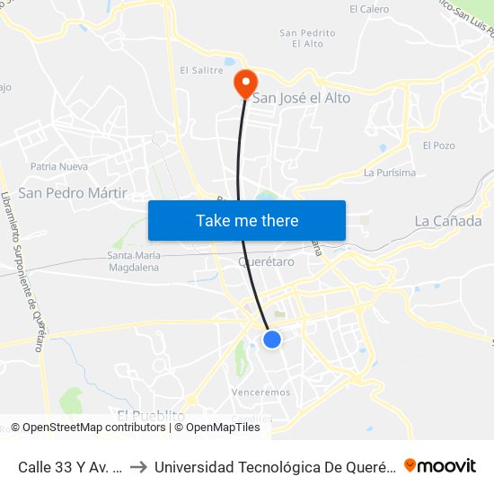 Calle 33 Y Av. 10 to Universidad Tecnológica De Querétaro map