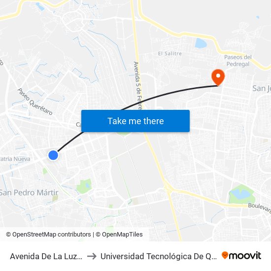 Avenida De La Luz 1323 to Universidad Tecnológica De Querétaro map