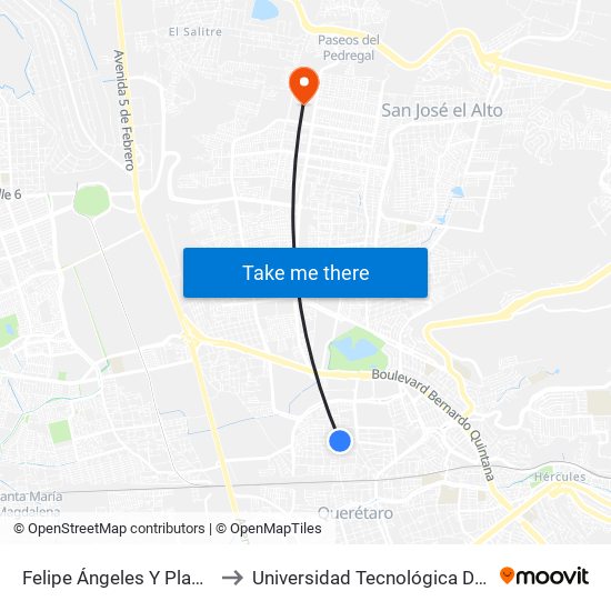 Felipe Ángeles Y Plan De Ayala to Universidad Tecnológica De Querétaro map