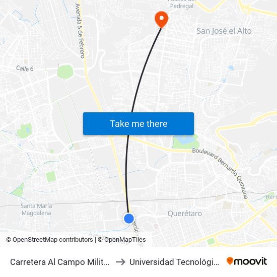 Carretera Al Campo Militar Y 5 De Febrero to Universidad Tecnológica De Querétaro map