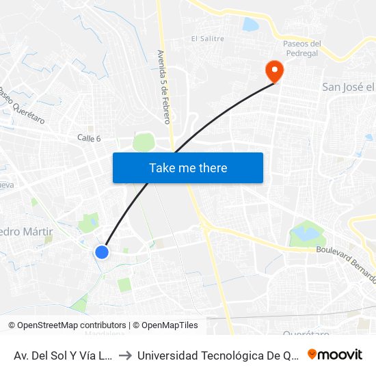 Av. Del Sol Y Vía Lactea to Universidad Tecnológica De Querétaro map