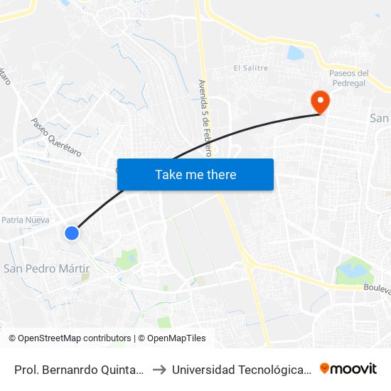 Prol. Bernanrdo Quintana Y Walmart to Universidad Tecnológica De Querétaro map