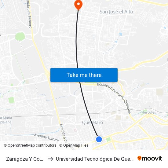 Zaragoza Y Coppel to Universidad Tecnológica De Querétaro map