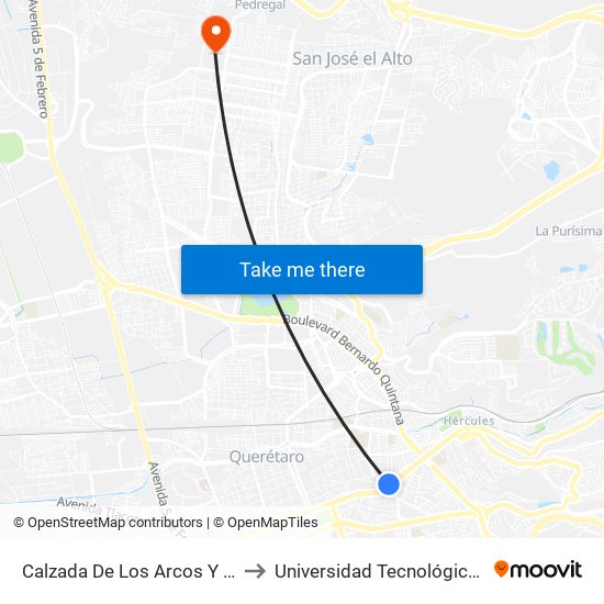 Calzada De Los Arcos Y Circunvalacion to Universidad Tecnológica De Querétaro map