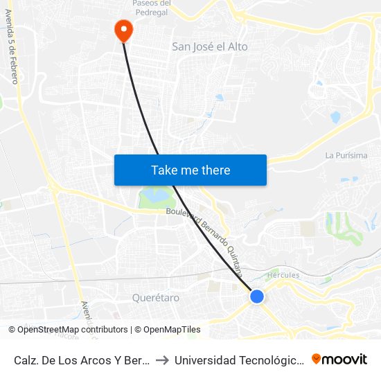 Calz. De Los Arcos Y Bernardo Quintana to Universidad Tecnológica De Querétaro map