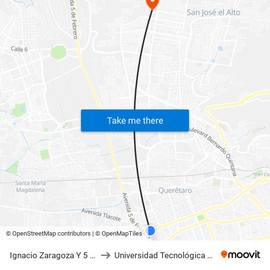 Ignacio Zaragoza Y 5 De Febrero to Universidad Tecnológica De Querétaro map