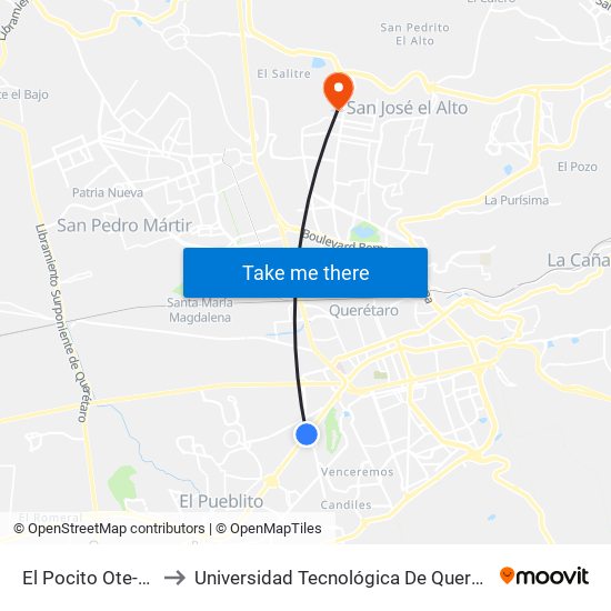 El Pocito Ote-Pte to Universidad Tecnológica De Querétaro map