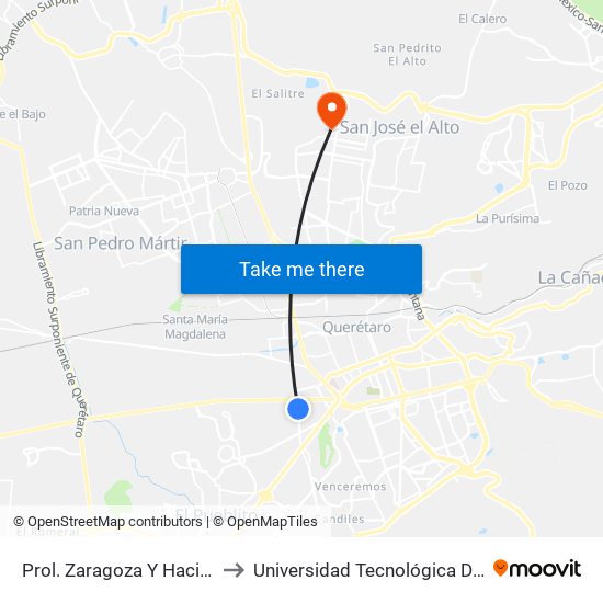 Prol. Zaragoza Y Hacienda Vegil to Universidad Tecnológica De Querétaro map