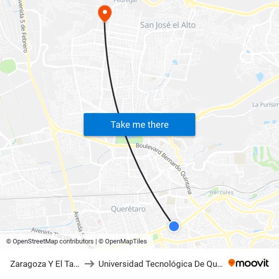 Zaragoza Y El Tanque to Universidad Tecnológica De Querétaro map