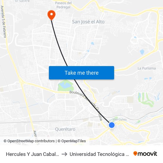 Hercules Y Juan Caballero Y Osio to Universidad Tecnológica De Querétaro map