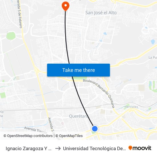 Ignacio Zaragoza Y Alameda to Universidad Tecnológica De Querétaro map