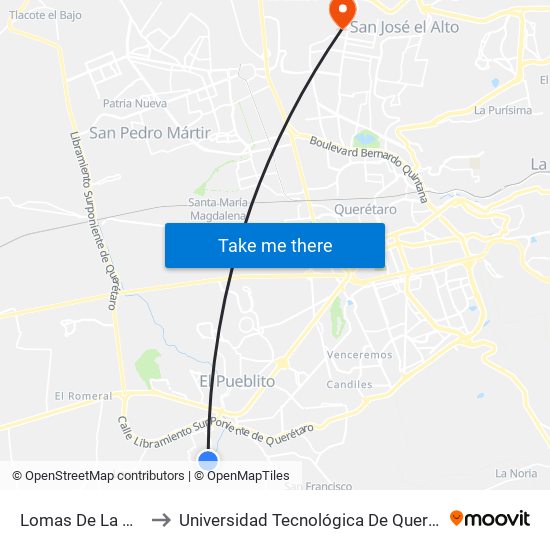Lomas De La Cruz to Universidad Tecnológica De Querétaro map