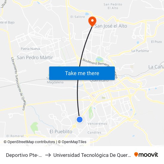 Deportivo Pte-Ote to Universidad Tecnológica De Querétaro map