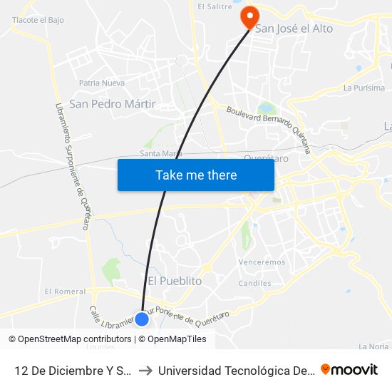 12 De Diciembre Y Santa Ana to Universidad Tecnológica De Querétaro map