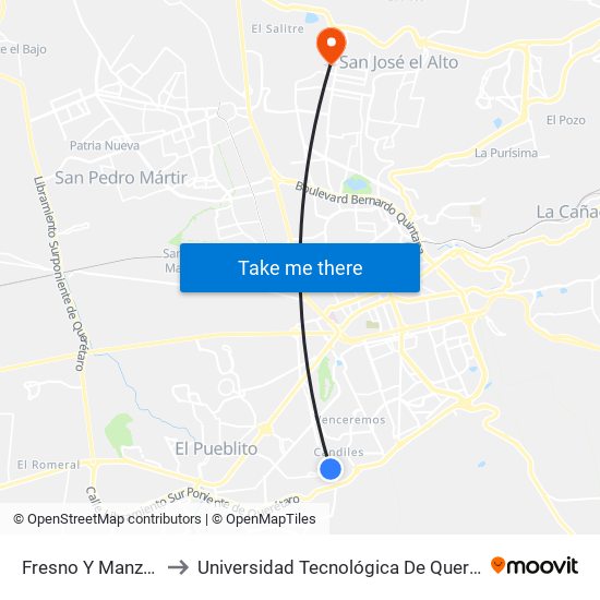 Fresno Y Manzano to Universidad Tecnológica De Querétaro map
