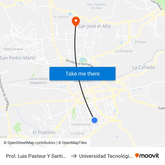 Prol. Luis Pasteur Y Santiago De Compostela to Universidad Tecnológica De Querétaro map