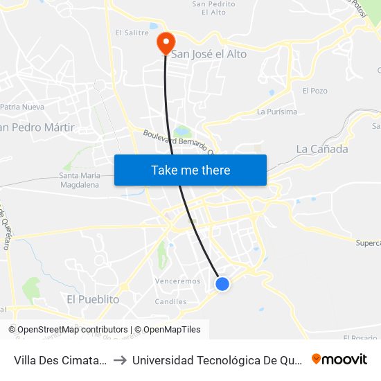 Villa Des Cimatario 1 to Universidad Tecnológica De Querétaro map