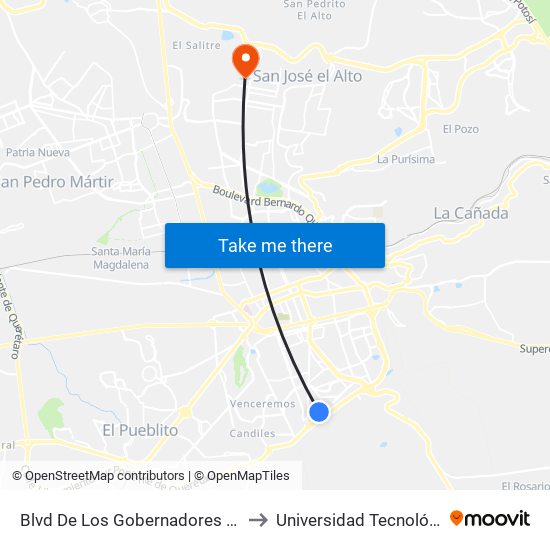 Blvd De Los Gobernadores Y Villas Del Campanario to Universidad Tecnológica De Querétaro map