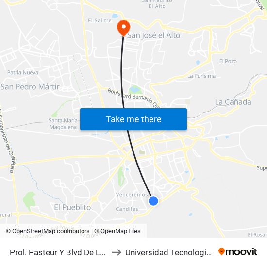 Prol. Pasteur Y Blvd De Los Gobernadores to Universidad Tecnológica De Querétaro map