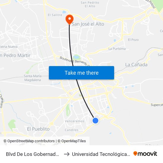 Blvd De Los Gobernadores Y Viñedo to Universidad Tecnológica De Querétaro map