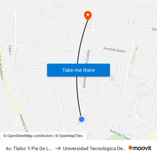 Av. Tlaloc Y Pie De La Cuesta to Universidad Tecnológica De Querétaro map