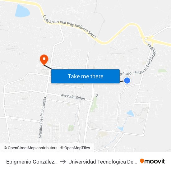 Epigmenio González Y Oasis to Universidad Tecnológica De Querétaro map