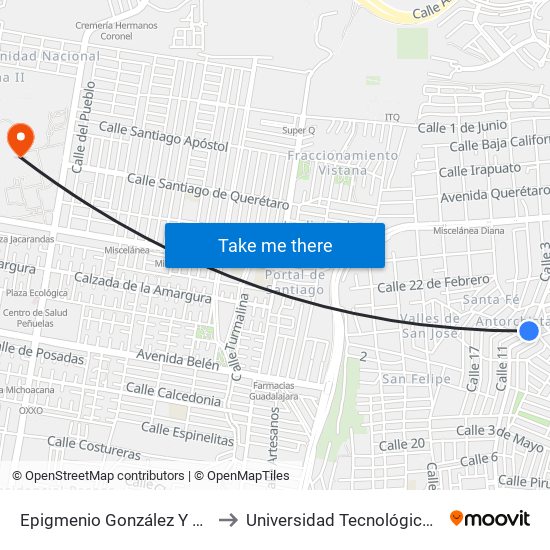 Epigmenio González Y Arroyo Grande to Universidad Tecnológica De Querétaro map