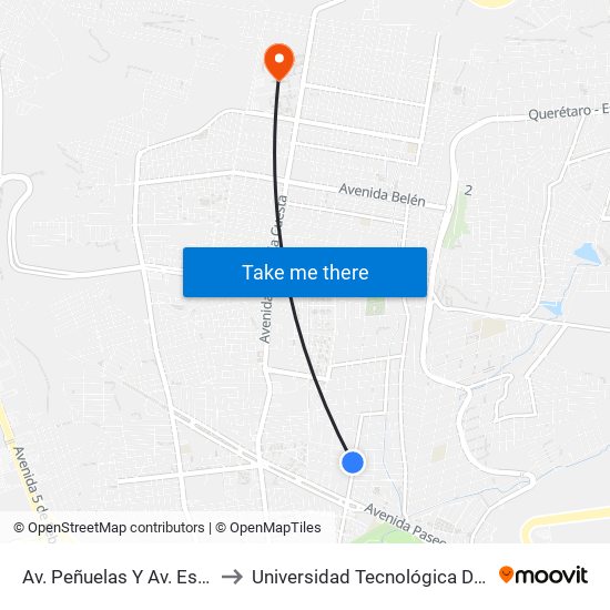 Av. Peñuelas Y Av. Estibadores to Universidad Tecnológica De Querétaro map