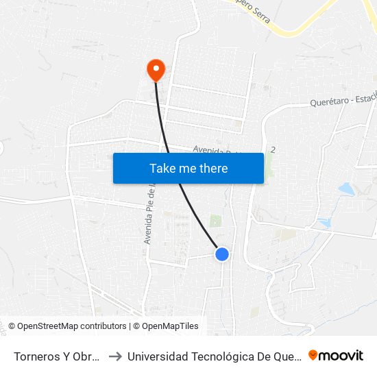 Torneros Y Obreros to Universidad Tecnológica De Querétaro map