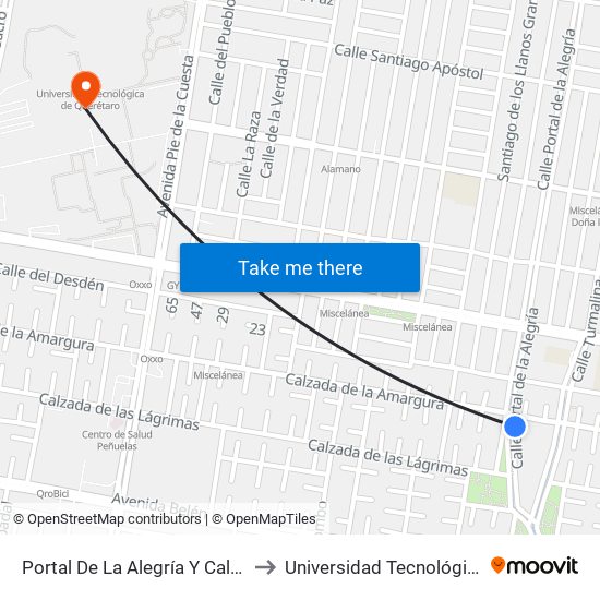 Portal De La Alegría Y Calz. De La Amargura to Universidad Tecnológica De Querétaro map