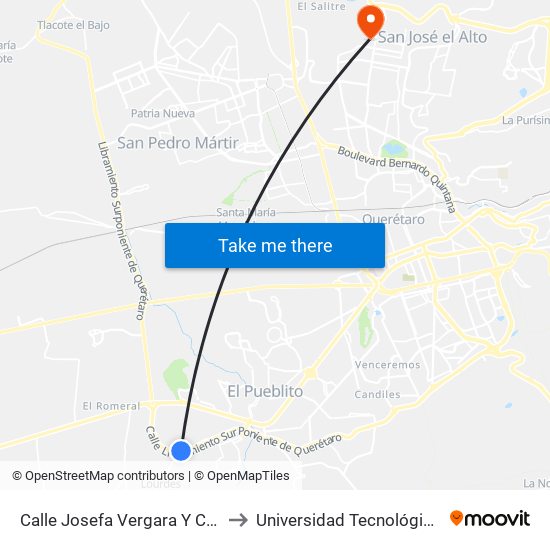 Calle Josefa Vergara Y Calle Valle Dorado to Universidad Tecnológica De Querétaro map