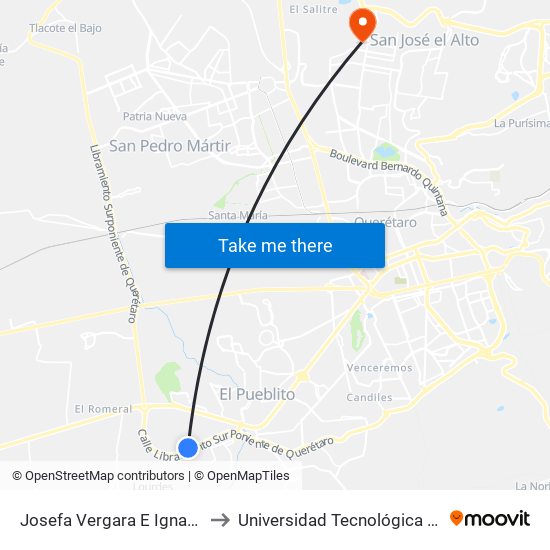 Josefa Vergara E Ignacio Mariscal to Universidad Tecnológica De Querétaro map