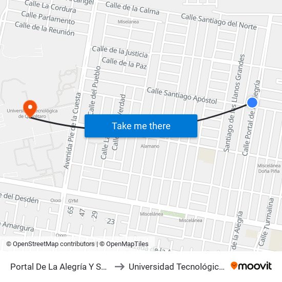 Portal De La Alegría Y Santiago Apostol to Universidad Tecnológica De Querétaro map