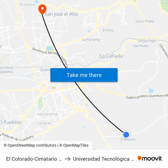 El Colorado-Cimatario Y El Rosario to Universidad Tecnológica De Querétaro map