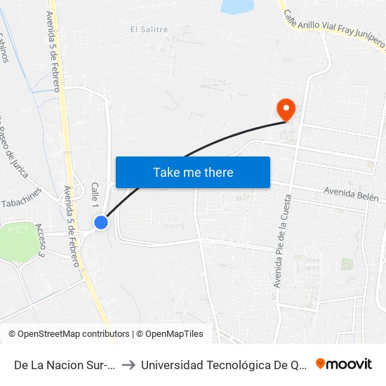 De La Nacion Sur-Norte to Universidad Tecnológica De Querétaro map