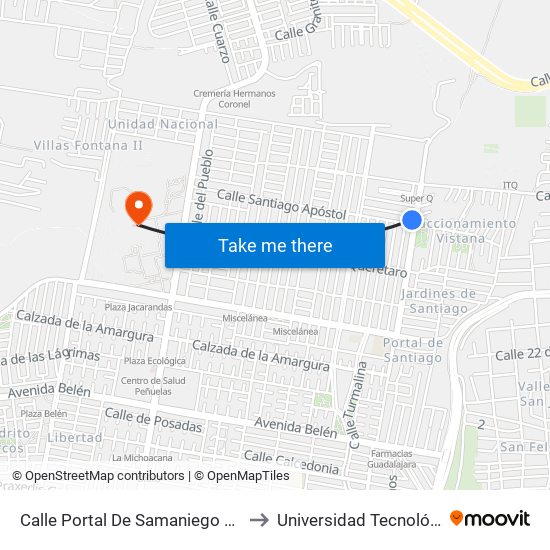 Calle Portal De Samaniego Y Calle Santiago Apóstol to Universidad Tecnológica De Querétaro map
