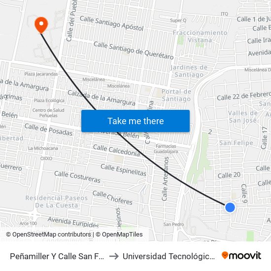 Peñamiller Y Calle San Felipe De Jesús to Universidad Tecnológica De Querétaro map