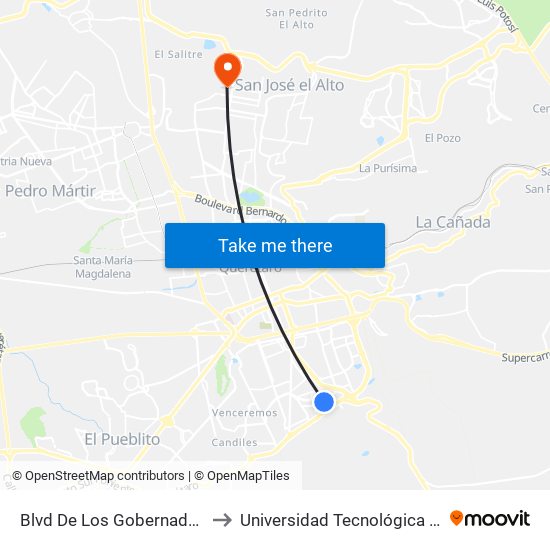 Blvd De Los Gobernadores Y Labna to Universidad Tecnológica De Querétaro map