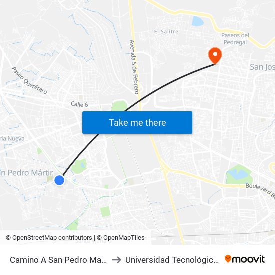 Camino A San Pedro Martir Y Azucenas to Universidad Tecnológica De Querétaro map