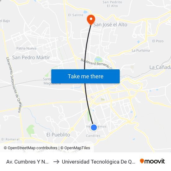 Av. Cumbres Y Naranjo to Universidad Tecnológica De Querétaro map